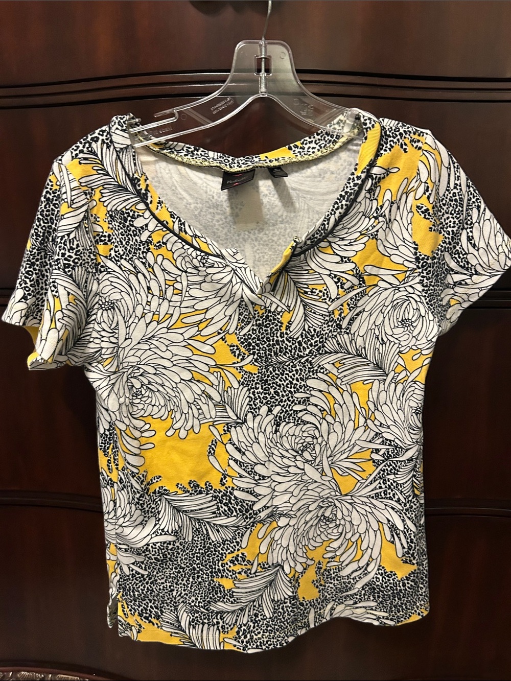 Rafaella Yellow and White Floral V-Neck Short Sleeve Top